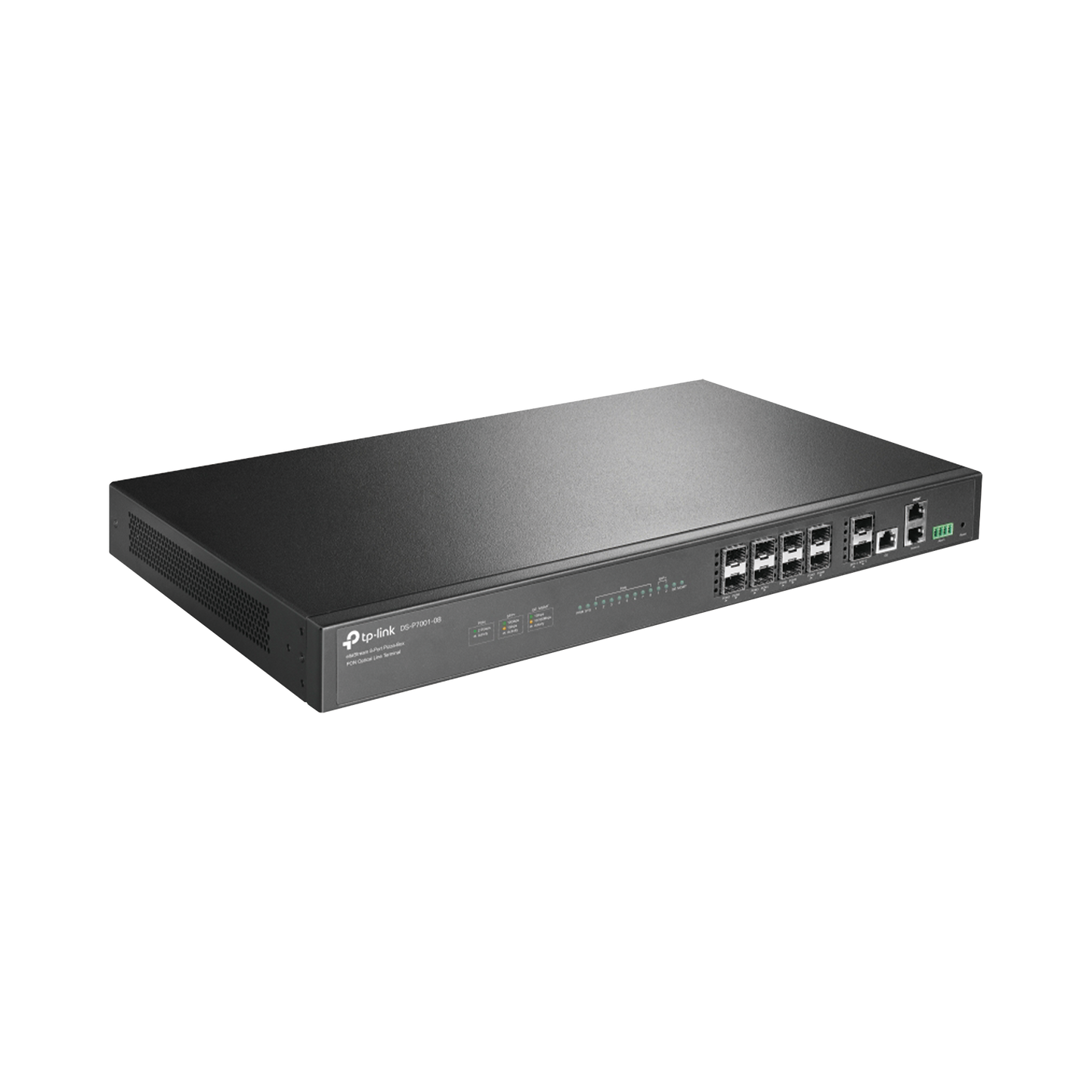 DS-P7001-08|OLT de 8 puertos GPON, hasta 1,024 ONUs, 1 Gigabit RJ45,  2 puertos SFP+, Fuentes redundantes AC- AC (incluidas)