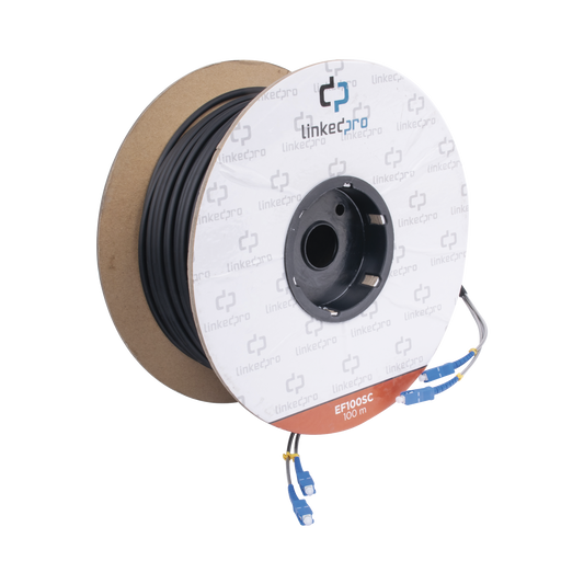 EF-100-SC|Carrete de Fibra ?ôptica Monomodo con conectores SC-SC Duplex, Reforzada con Kevlar, de 100 metros