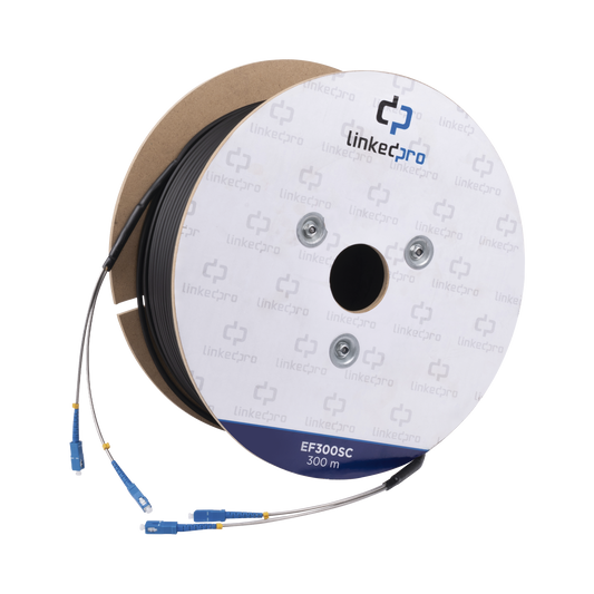 EF-300-SC|Carrete de Fibra ?ôptica Monomodo con conectores SC-SC Duplex, Reforzada con Kevlar, de 300 metros