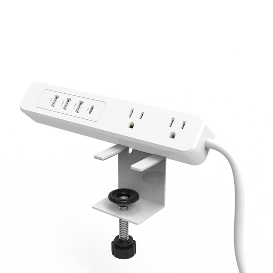 EPLCLAMPOW|Multicontacto con Montaje para Escritorio / Carga R?ípida para 65 W / 3 x Nema 5-15P / 2 x USB-A (5V @3A) / 1 x USB-C (65W)