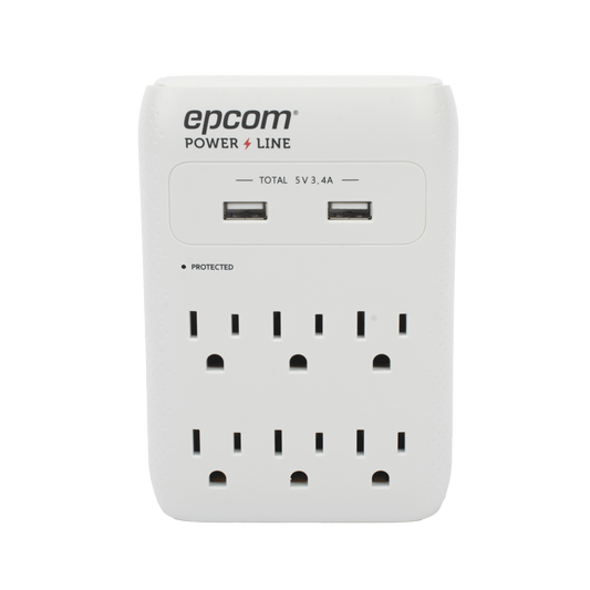 EPLSPWUSB|Multicontacto de Pared 110 Vca / Supresor de Picos 1080 Joules / 6 x Nema 5-15P / 2 x USB (5V @3.4A)