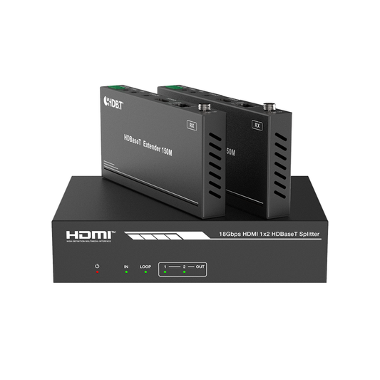 EPP-SPB12H150|Splitter mas Extensor de Video | 1x2Â | ProAV | HDBaseTâ¢ | 120m en 4K@60Hz | 150m en 1080p@60Hz | Cat6/6a/7 | GestiÃ³n Avanzada EDID | Control IR y RS232 | PoC |Â Salida de Audio