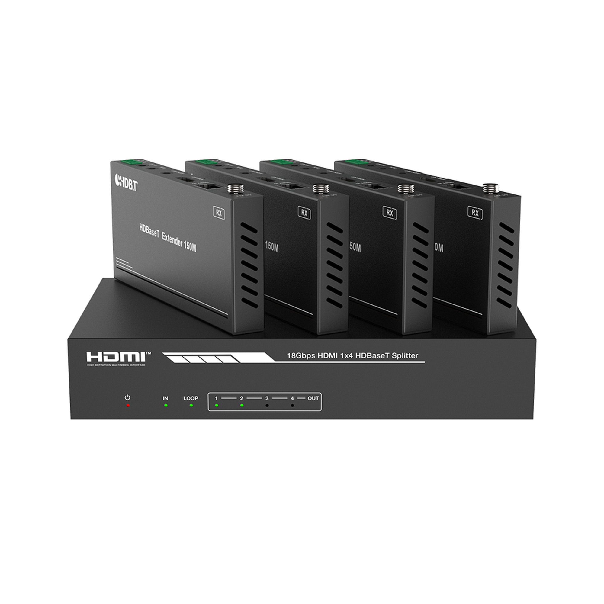 EPP-SPB14H150|Splitter mas Extensor de Video | 1x4Â | ProAV | HDBaseTâ¢ | 120m en 4K@60Hz | 150m en 1080p@60Hz | Cat6/6a/7 | GestiÃ³n Avanzada EDID | Control IR y RS232 | PoC |Â Salida de Audio