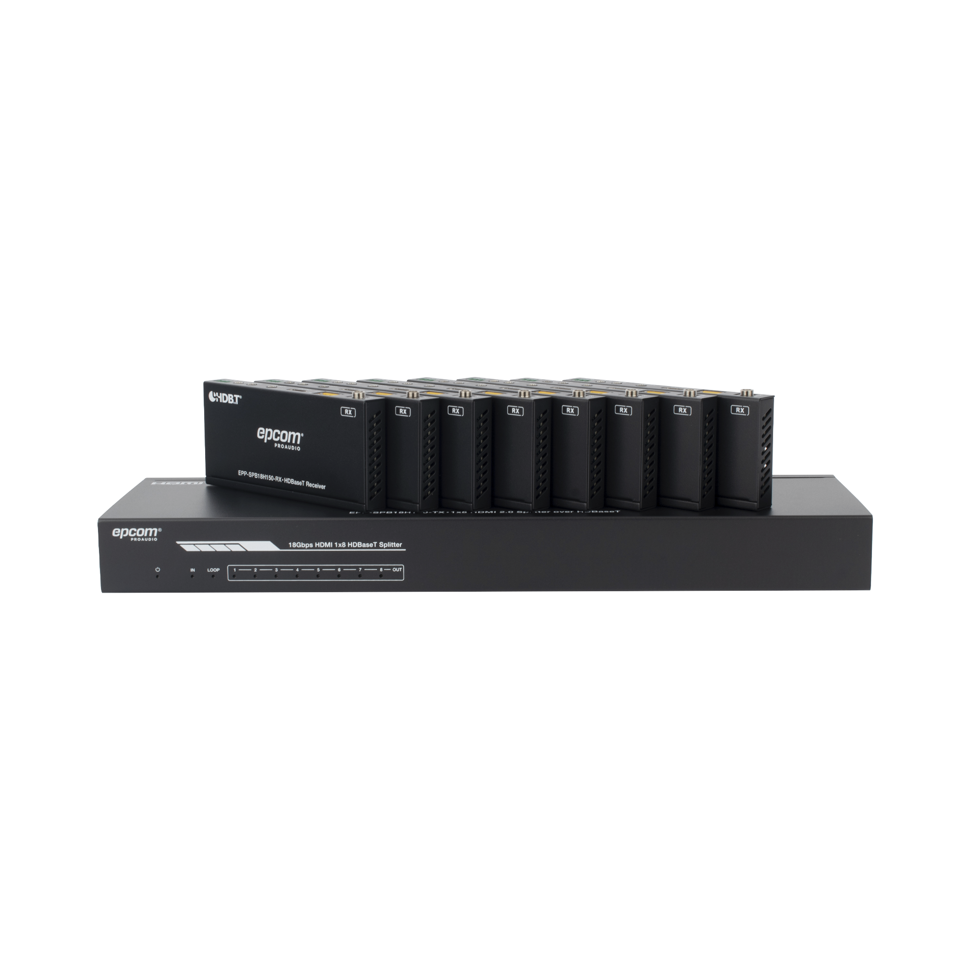 EPP-SPB18H150|Splitter mas Extensor de Video | 1x8?á| ProAV | HDBaseTÔäó | 120m en 4K@60Hz | 150m en 1080p@60Hz | Cat6/6a/7 | Gesti??n Avanzada EDID | Control IR y RS232 | PoC |?áSalida de Audio