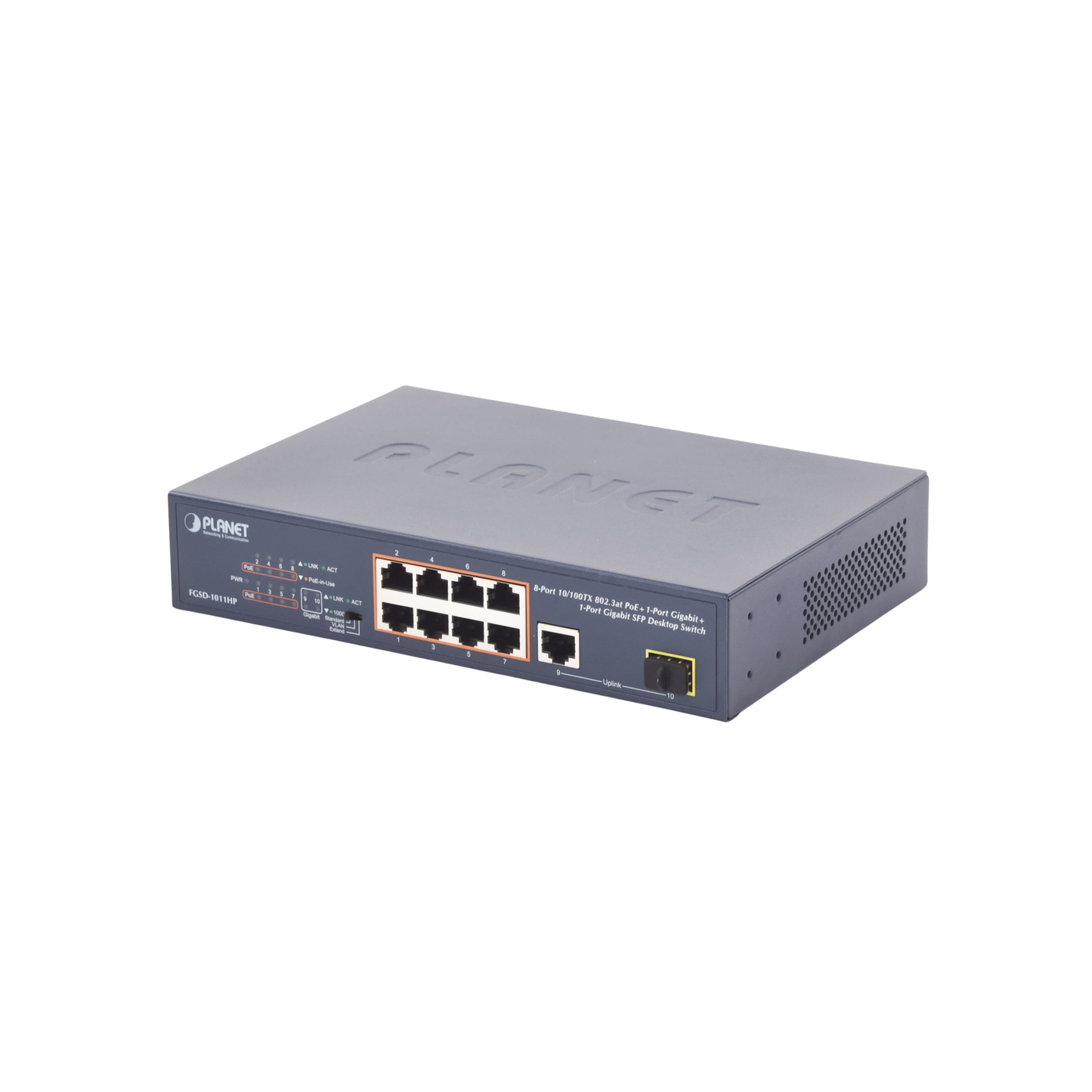 FGSD-1011HP|Switch no Administrable 8 puertos 10/100 PoE 802.3af/at 135W, 1 puerto Uplink 10/100/1000 y 1 SFP 100/1000 para escritorio