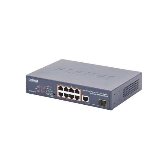 FGSD-1011HP|Switch no Administrable 8 puertos 10/100 PoE 802.3af/at 135W, 1 puerto Uplink 10/100/1000 y 1 SFP 100/1000 para escritorio