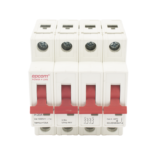 FPV634PC20|Protección Térmica 4P, 20A,  Corriente Directa  1000 Vcc para Aplicación Fotovoltaica Montaje Riel DIN