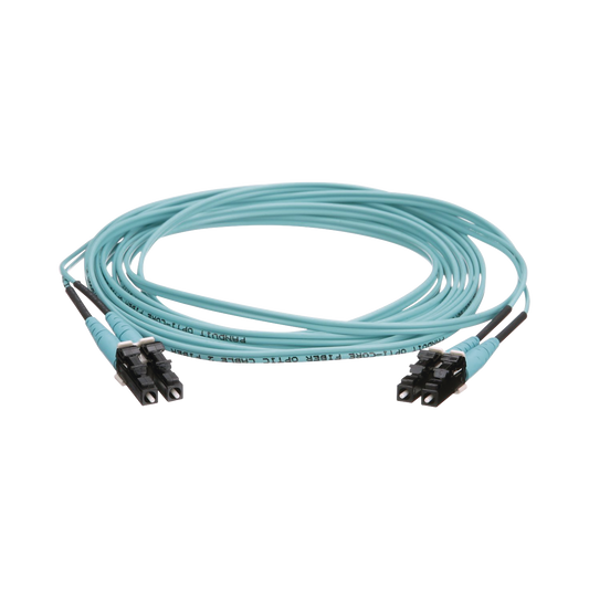 FZ2ERLNLNSNM010|Jumper de Fibra Optica Multimodo 50/125 OM4, LC-LC Duplex, OFNR (Riser), Color Aqua, 10 Metros