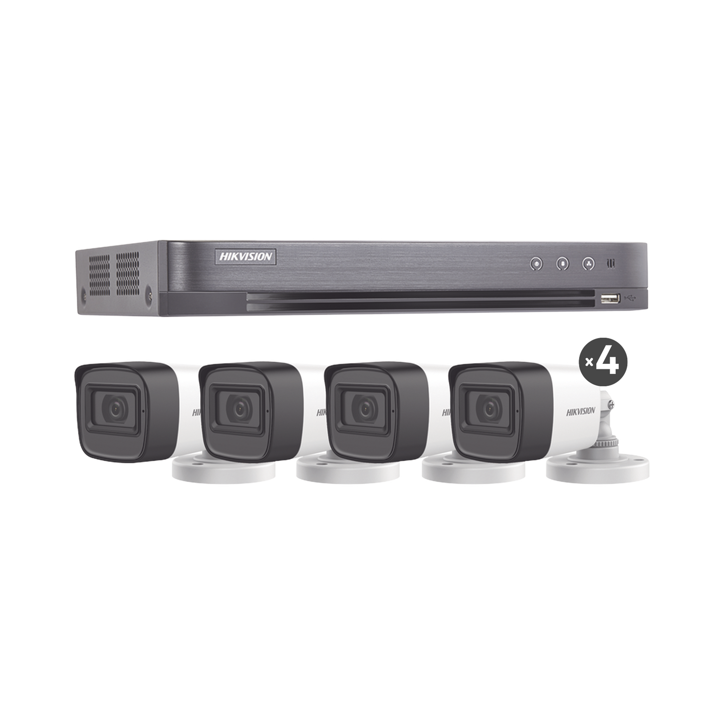 HIK5MPSLQ-KIT(B)|(MICRÓFONO INTEGRADO) KIT TURBOHD 5 Megapixel / DVR 4 Canales / 4 Cámaras Bala con Micrófono Integrado (exterior 2.8 mm) / Fuente de Poder / Accesorios de Instalación