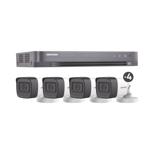 HIK5MPSLQ-KIT(B)|(MICRÓFONO INTEGRADO) KIT TURBOHD 5 Megapixel / DVR 4 Canales / 4 Cámaras Bala con Micrófono Integrado (exterior 2.8 mm) / Fuente de Poder / Accesorios de Instalación