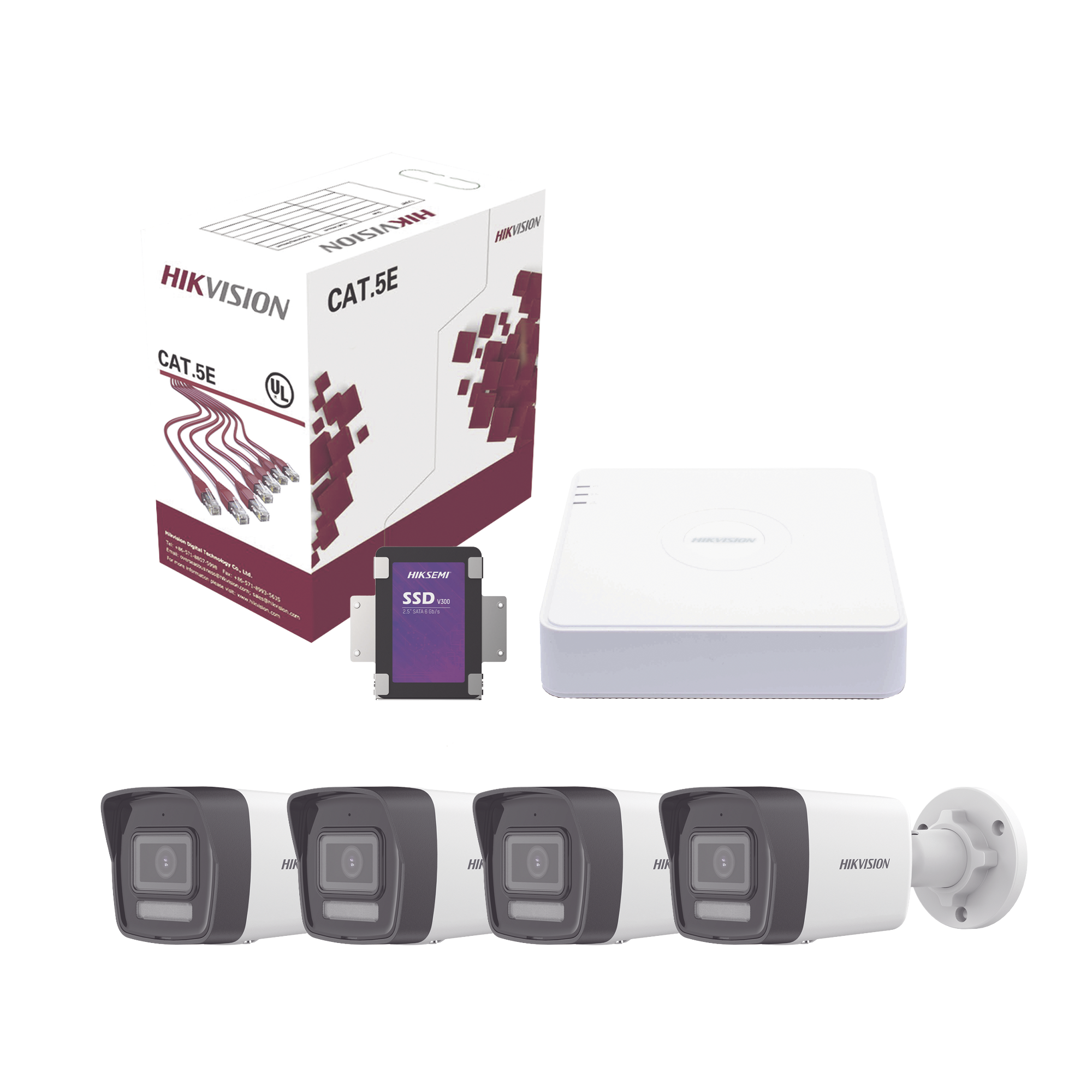 KIT4MP/4B/1TB|Kit IP 4 Megapixel / NVR de 4 Canales con 4 Puertos PoE / 4 Cámaras IP Bala Dual Light (IR + Luz Blanca) con Microfono Integrado y ACUSENSE Lite para Exterior/ Bobina de Cable de 100 mts / SSD de 1 TB