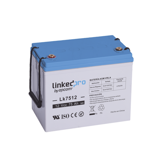 LK7512|Batería 12 Vcc / 75 Ah / UL / Tecnología AGM-VRLA / Vida útil promedio de 5 años / Para uso en equipo electrónico / Sistemas de emergencia y aplicaciones fotovoltaicas Terminales T3