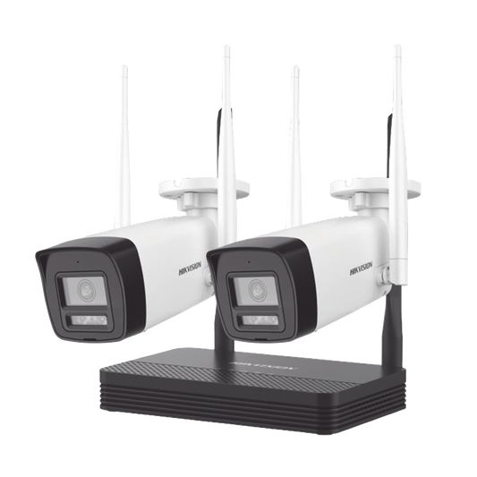 NKS424W0H|Kit IP Inalámbrico 4 Megapixel / NVS 4 Canales / 2 Cámaras Bala para Exterior con Lente 2.8 mm y Dual Light (30 mts IR + 30 mts Luz Blanca) / Audio Bidireccional (Micrófono y Bocina) / Soporta Micro SD de 512 GB