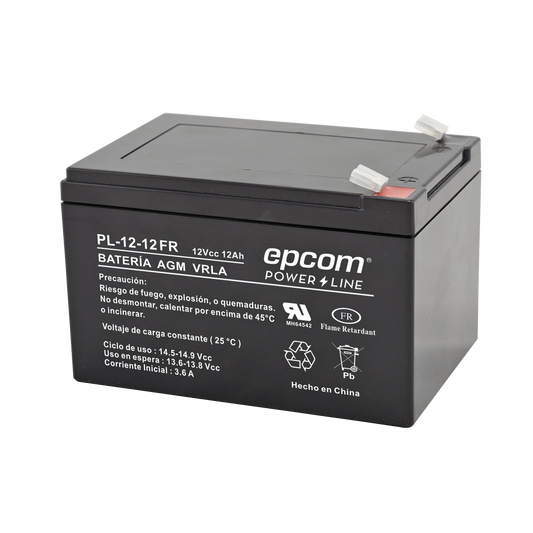 PL-12-12-FR|Batería 12 Vcc / 12 Ah / UL / AGM-VRLA / Retardante a la flama / Para uso en equipo electrónico, Alarmas de intrusión / Incendio/ Control de acceso / Video Vigilancia / Terminales tipo F2 / Cargador recomendado CHR-80.