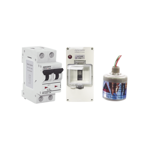 PL20ACD|Kit de Centro de Carga Para Corriente Directa, Breaker de hasta  800 Vcc de 20 A con Supresor de Descargas Atmosféricas.