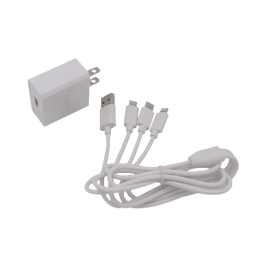 PL52C|Cargador de pared USB de 5 Vcc 2A / Multi-puertos / USB-C / Micro USB / Tipo C / Lightning (iPhone) / Extensión de cable 1.2 metros