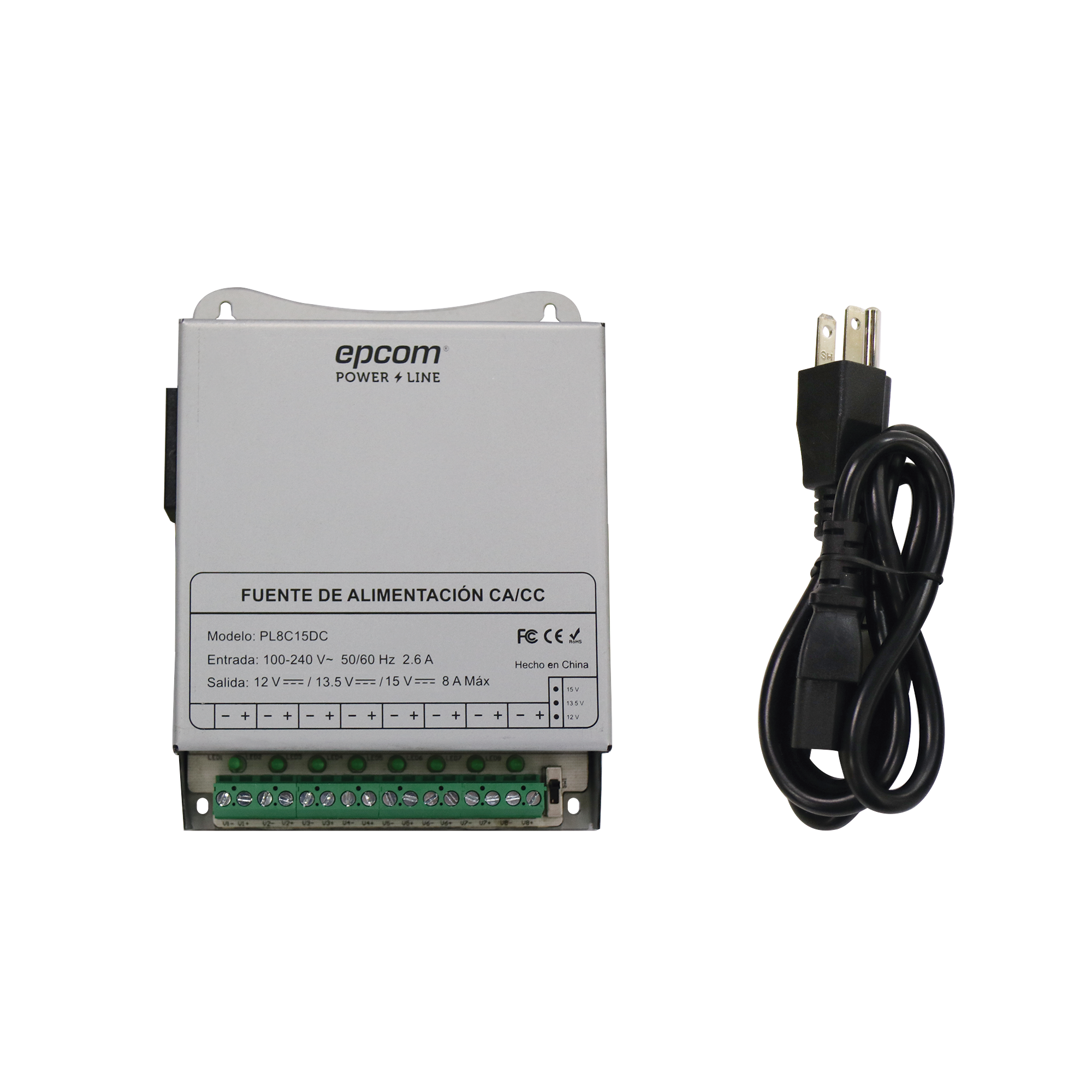 PL-8C-15DC|Fuente de Poder Metálica / Para 8 Cámaras / Ajustables a 12 o 13.5 o 15 Vcc / 8 Amperes / Instalación en Pared o Riel Din