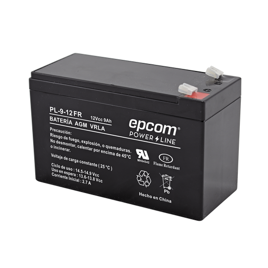 PL-9-12FR|Batería 12 Vcc / 9 Ah / UL / Tecnología AGM-VRLA / Retardante a la flama / Para uso en equipo electrónico Alarmas de intrusión / Incendio/ Control de acceso / Video Vigilancia / Terminales tipo F1 / Cargador recomendado CHR-80.