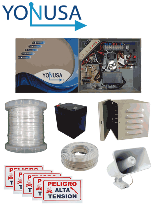 YONUSA PACK127AF -Paquete de energizador de alta frecuencia con interface/ Sirena y gabinete met?ílico/ Bobina de alambre 500 mts/ Bobina cable buj?¡a/ bater?¡a y 5 letrero
