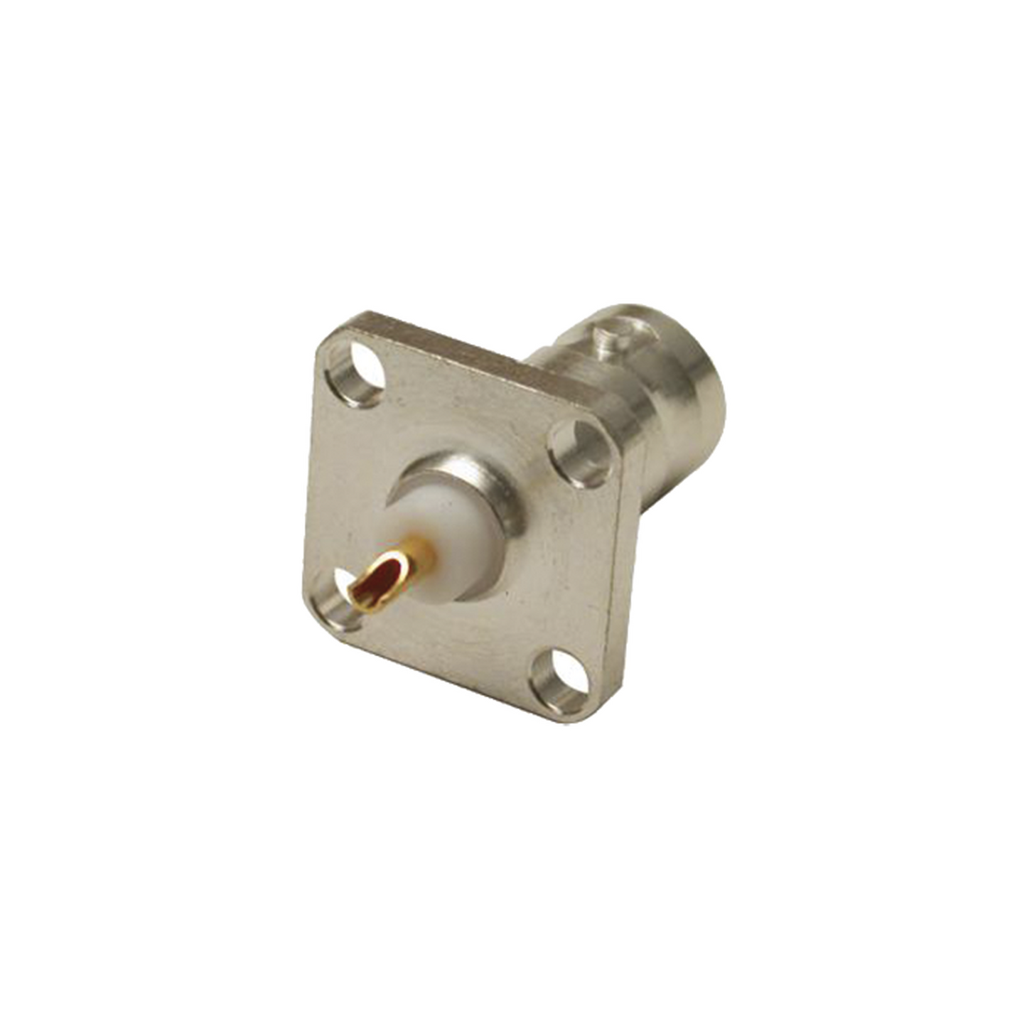 RFB-1115-S|Conector BNC Hembra para Chasis, 4 Perforaciones con 12.7 mm, Plata/ Oro/ Teflón.