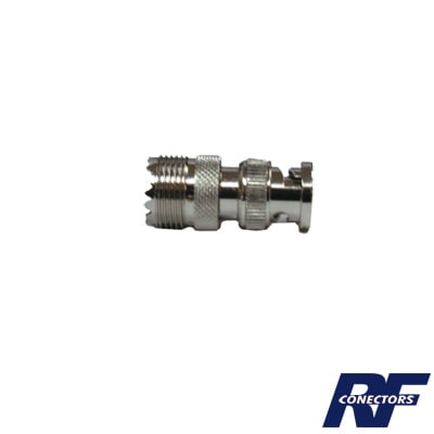 RFB-1136|Adaptador en Linea para 50 Ohm, Conector BNC Macho-UHF Hembra (SO-239), Níquel/ Oro/ Delrin.