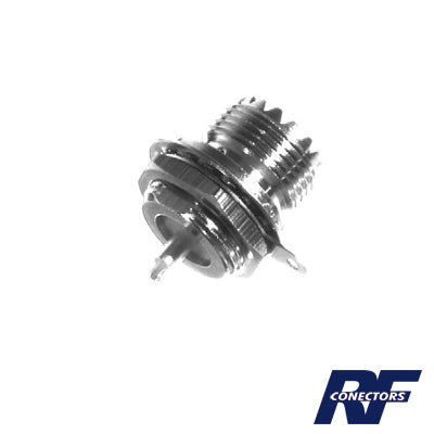 RFU-523|Conector UHF Hembra (SO-239) en Línea, Montaje Frontal en D Plano, Níquel/ Plata/ Baquelita.