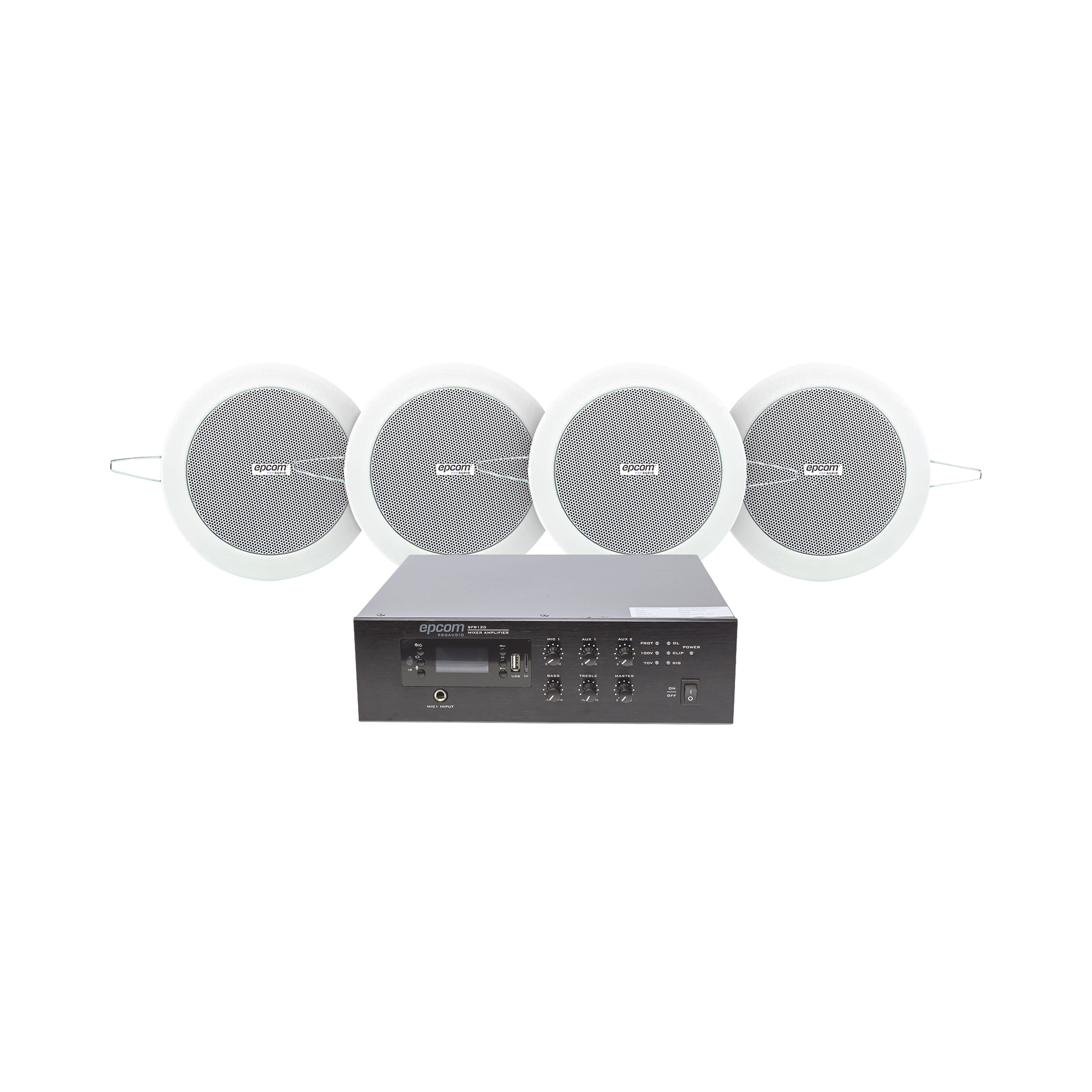 SFB120/4CS|KIT de Amplificador de 120W para Escritorio | 4 Altavoces de Plaf??n de 4in | 3 - 6W | Sistema 70/100V