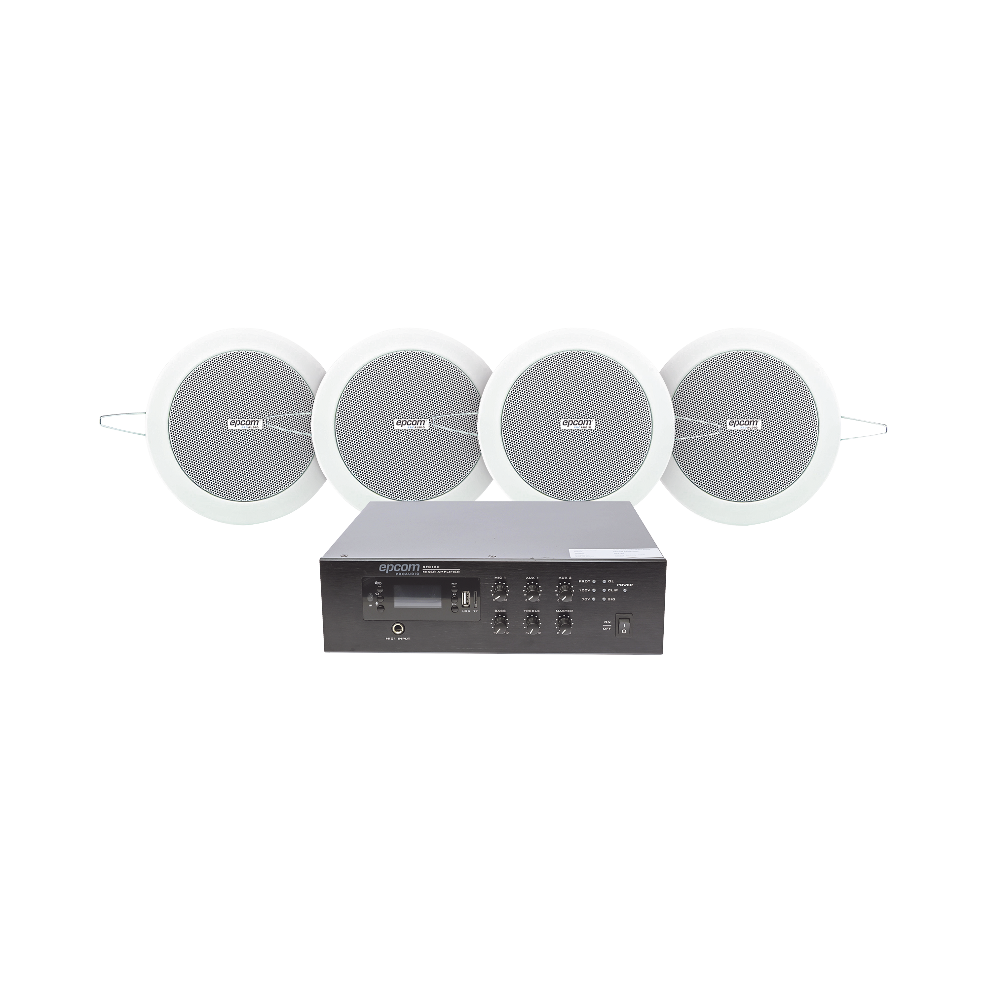 SFB120/4CS|KIT de Amplificador de 120W para Escritorio | 4 Altavoces de Plaf??n de 4in | 3 - 6W | Sistema 70/100V