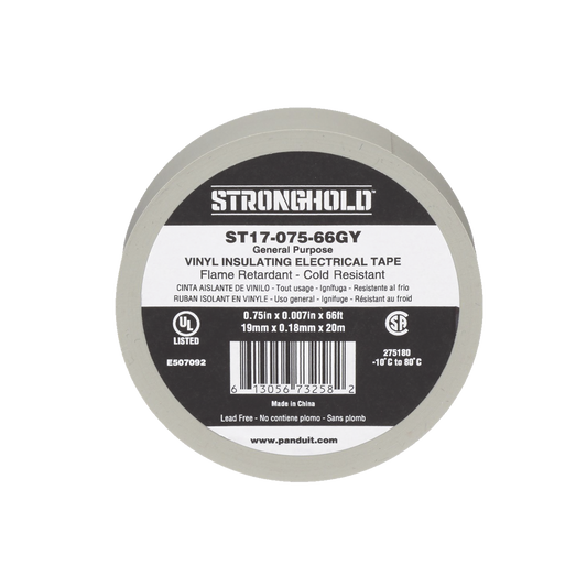 ST17-075-66GY|Cinta Eléctrica STRONGHOLD para Aislar, de PVC, Uso General Reparación y Mantenimiento, Grosor de 0.18mm (7 mil), Ancho de 19mm, y 20.12m de Largo, Color Gris