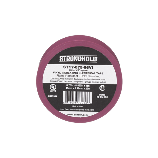 ST17-075-66VI|Cinta Eléctrica STRONGHOLD para Aislar, de PVC, Uso General Reparación y Mantenimiento, Grosor de 0.18mm (7 mil), Ancho de 19mm, y 20.12m de Largo, Color Violeta