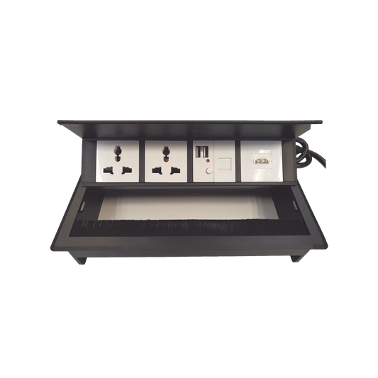 THMC-HBOX|Caja Horizontal tipo Hub para escritorio color negro, con 1 Puerto HDMI Hembra-Hembra, 1 puerto RJ45 Cat6,  2 Puertos USB (Solo carga),  y 2 Contactos eléctricos universales