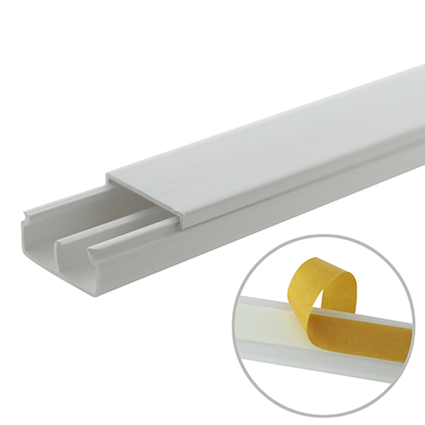 TMK-1020-CD-CC|Canaleta blanca de PVC auto extinguible, con división, 20 x 10 mm, tramo 6 pies, con cinta adhesiva (5101-21252)