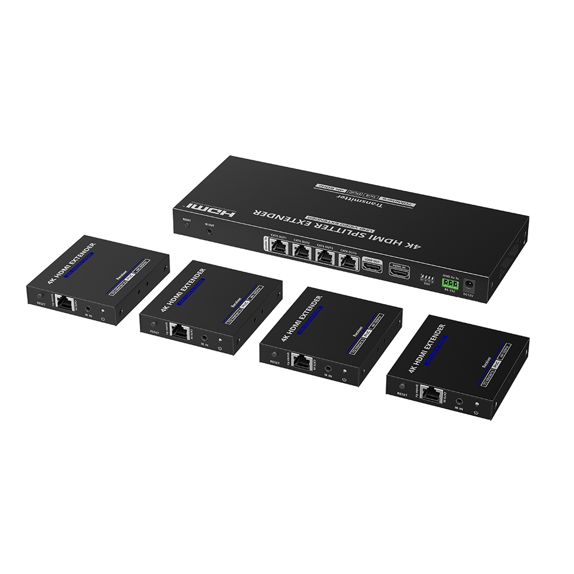 TT-824N|Kit Divisor y Extensor HDMI / Divide 1 Fuente HDMI a 4 Pantallas / Extiende la se??al HDMI hasta 70 m / Resoluci??n 4K @ 60 Hz/ Cat 6/6a/7 / IPCOLOR / CERO LATENCIA / Uso 24/7 / Puerto S/PDIF / EDID / RS232 / Salida Loop / Alimente solo el Tx