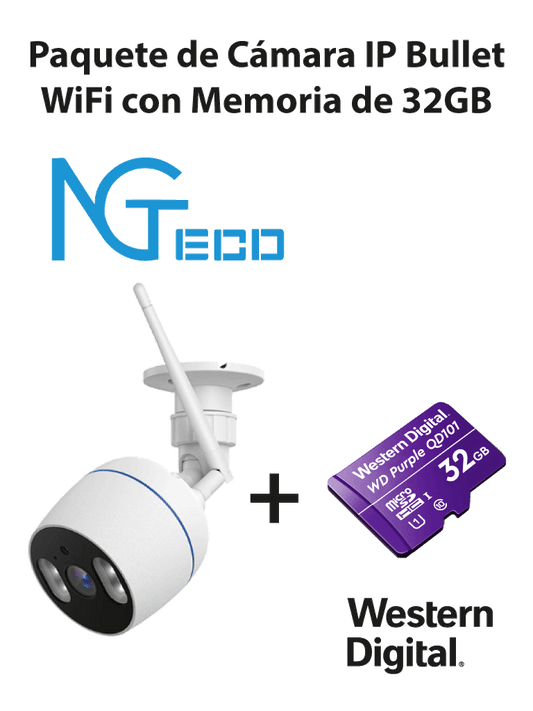 NGTECO NGC501PAK - Paquete de C?ímara NGC501 IP Bullet WiFi 1080P con Memoria de 32GB Micro SDHC/ Linea Purple/ Clase 10 U1