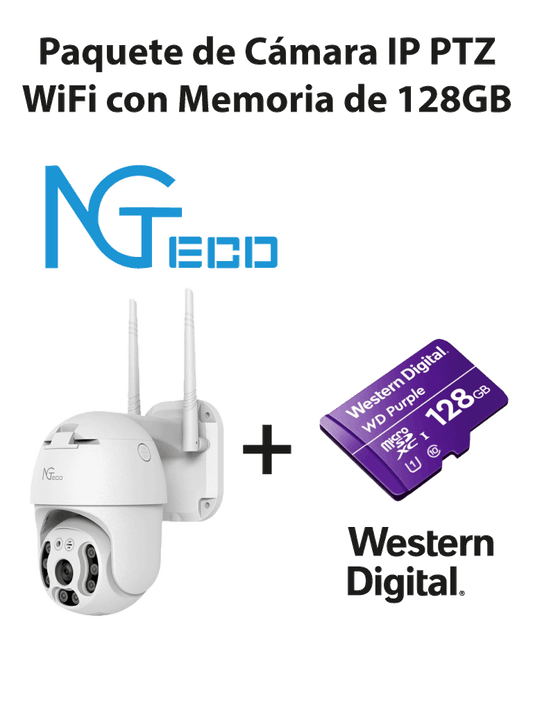 NGTECO NGC4200PAK - Paquete de C?ímara NGC4200 IP PTZ WiFi 3MP con Memoria de 128GB Micro SDXC/ Linea Purple/ Clase 10 U1
